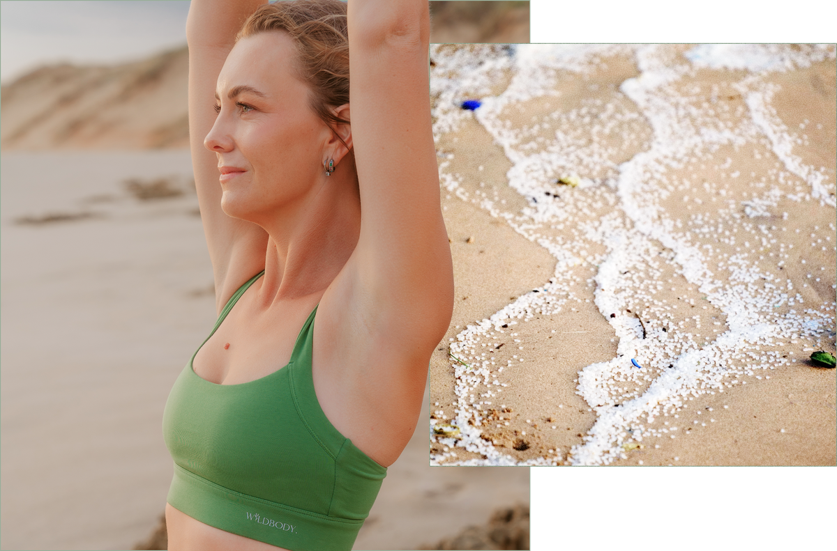Woman in WildBody stretching, collaged with an image of microplastics in water