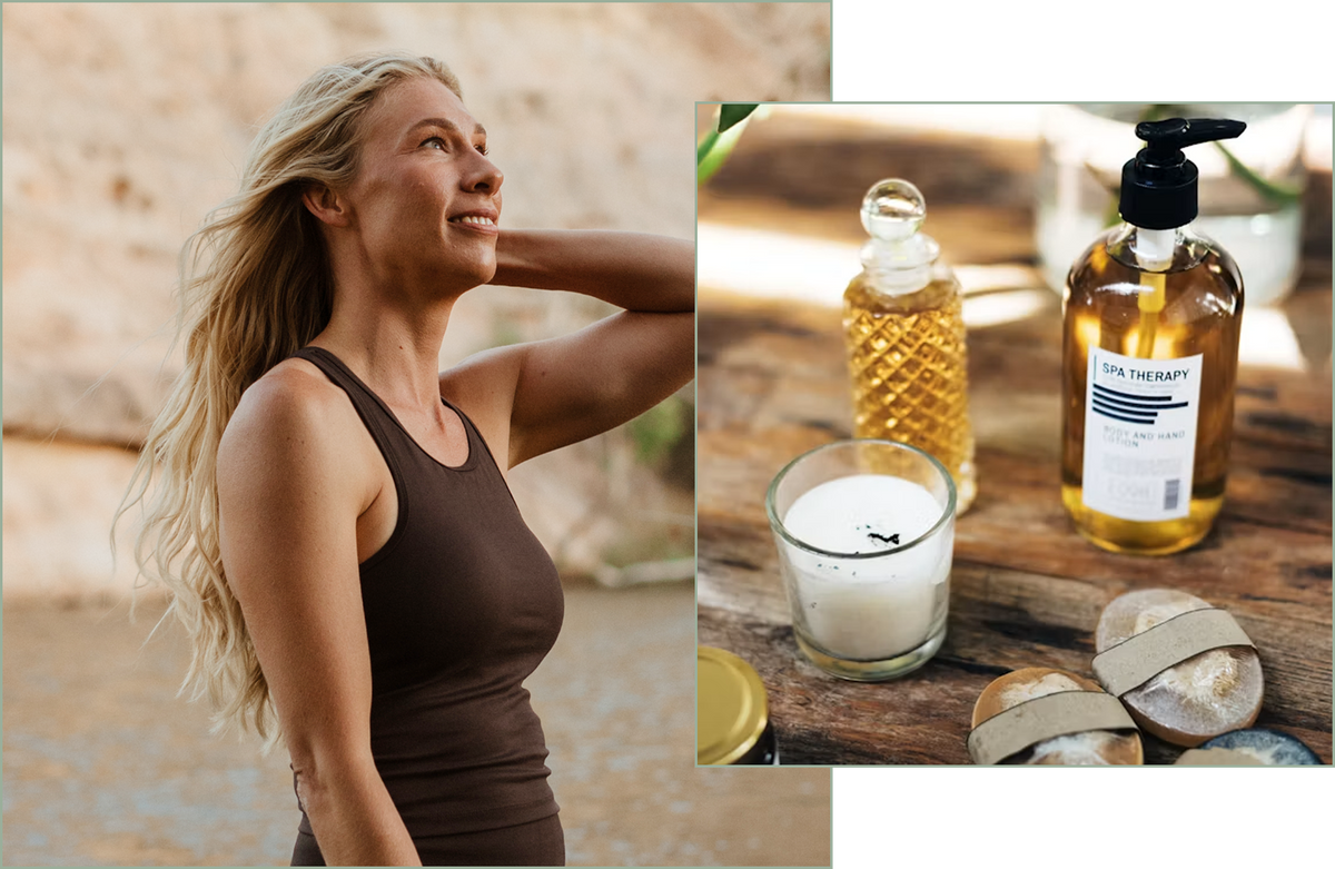 Image of woman in WildBody collaged with image of scented candle, lotion, and perfume